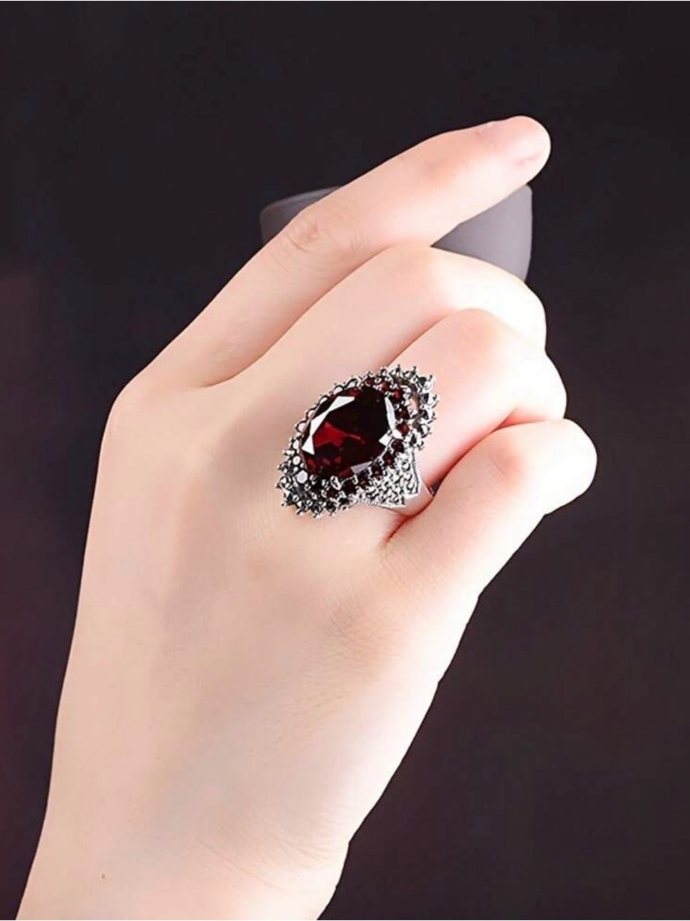 Deep Red Gemstone Silver-Tone Statement Ring - Picture 5 of 6